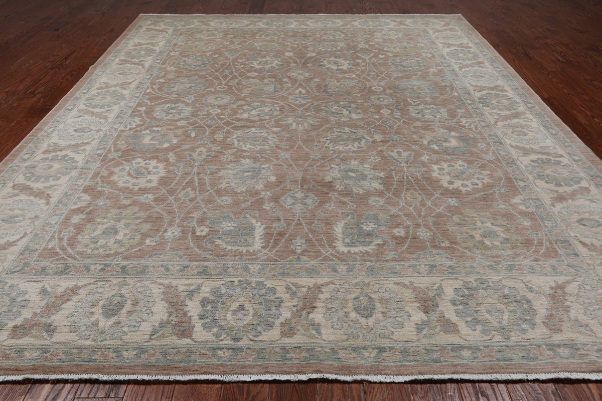 Brown Peshawar Washed Out Handmade Wool Rug - 8' 10" X 11' 6"