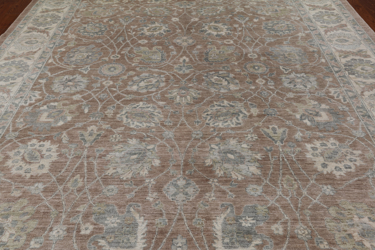 Brown Peshawar Washed Out Handmade Wool Rug - 8' 10" X 11' 6"