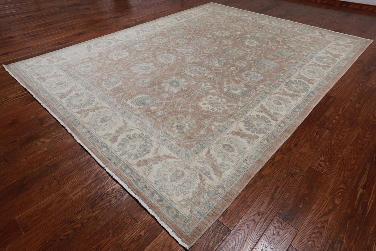 Brown Peshawar Washed Out Handmade Wool Rug - 8' 10" X 11' 6"