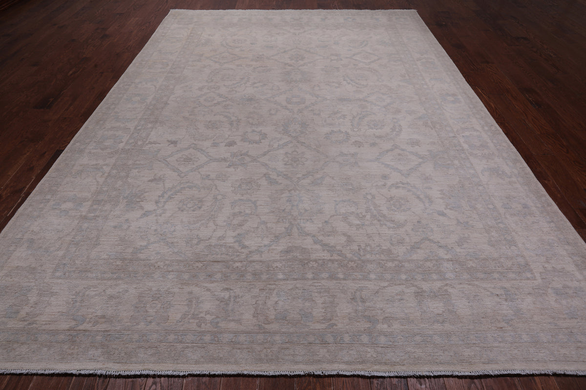 Ivory Peshawar Washed Out Hand Knotted Wool Rug - 8' 8" X 11' 10"