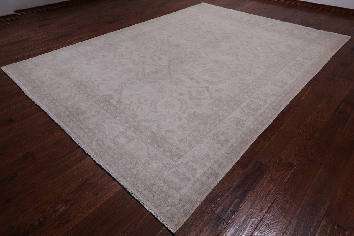 Ivory Peshawar Washed Out Hand Knotted Wool Rug - 8' 8" X 11' 10"