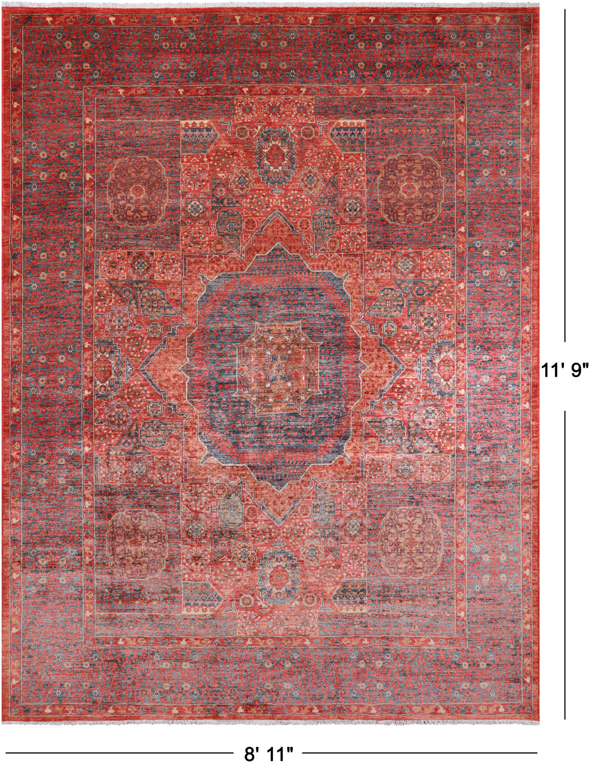 Rust Geometric Persian Mamluk Handmade Wool Rug - 8' 11" X 11' 9"