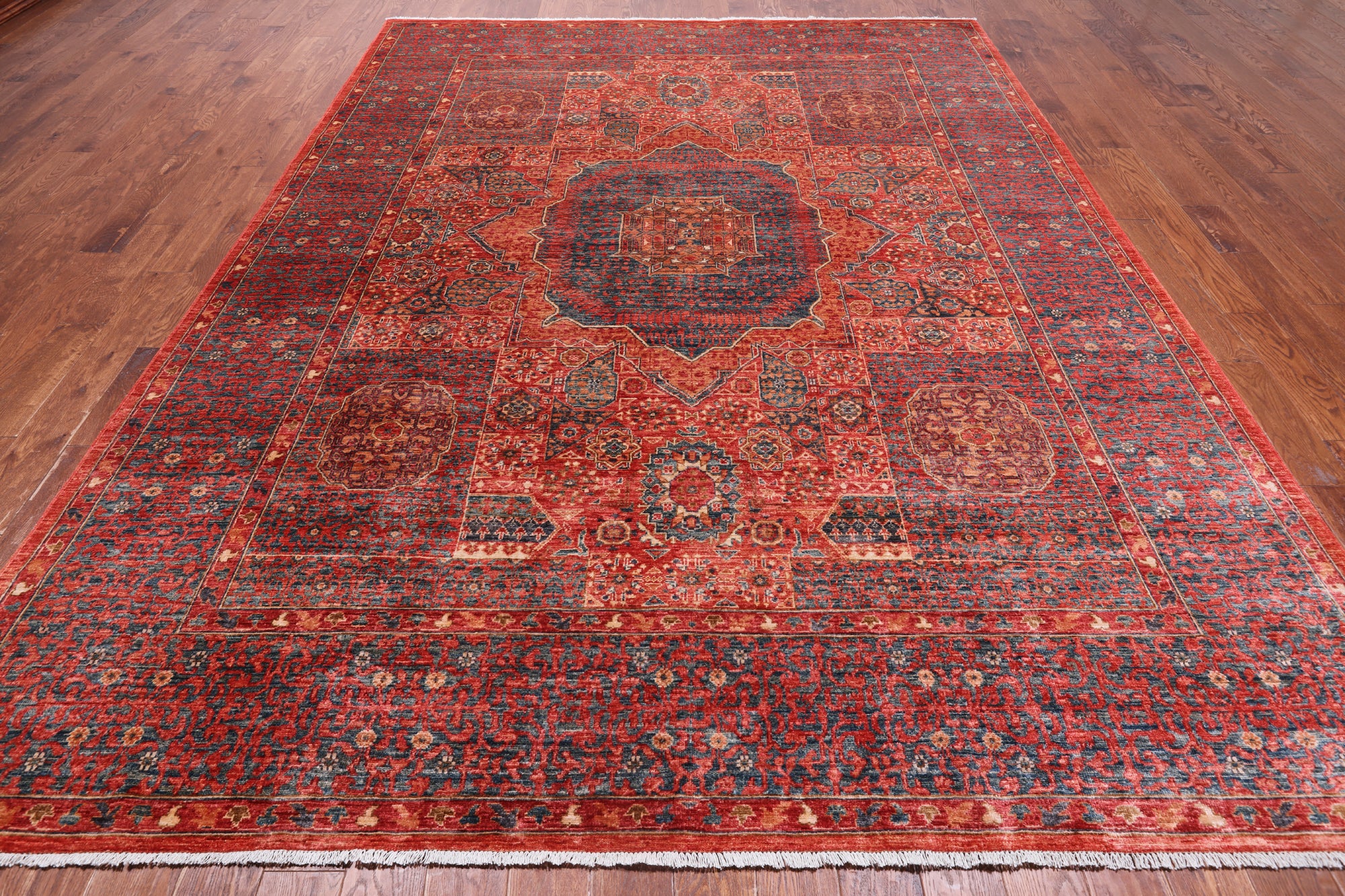 Rust Geometric Persian Mamluk Handmade Wool Rug - 8' 11" X 11' 9"