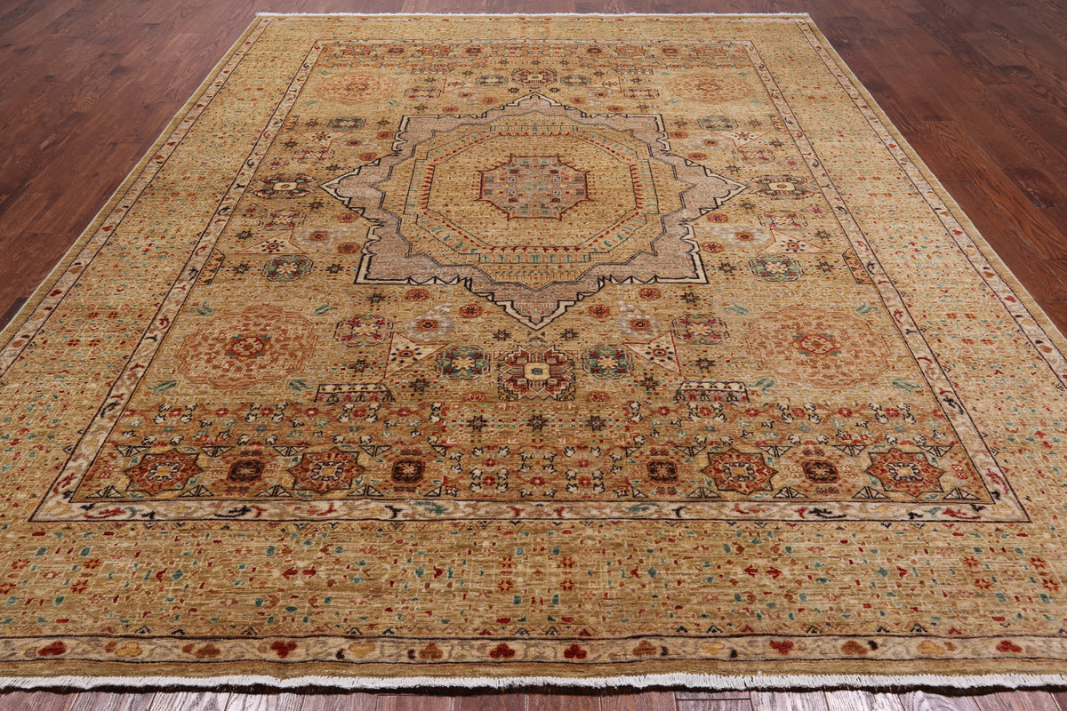 Beige Geometric Persian Mamluk Hand-Knotted Wool Rug - 9' 1" X 11' 8"
