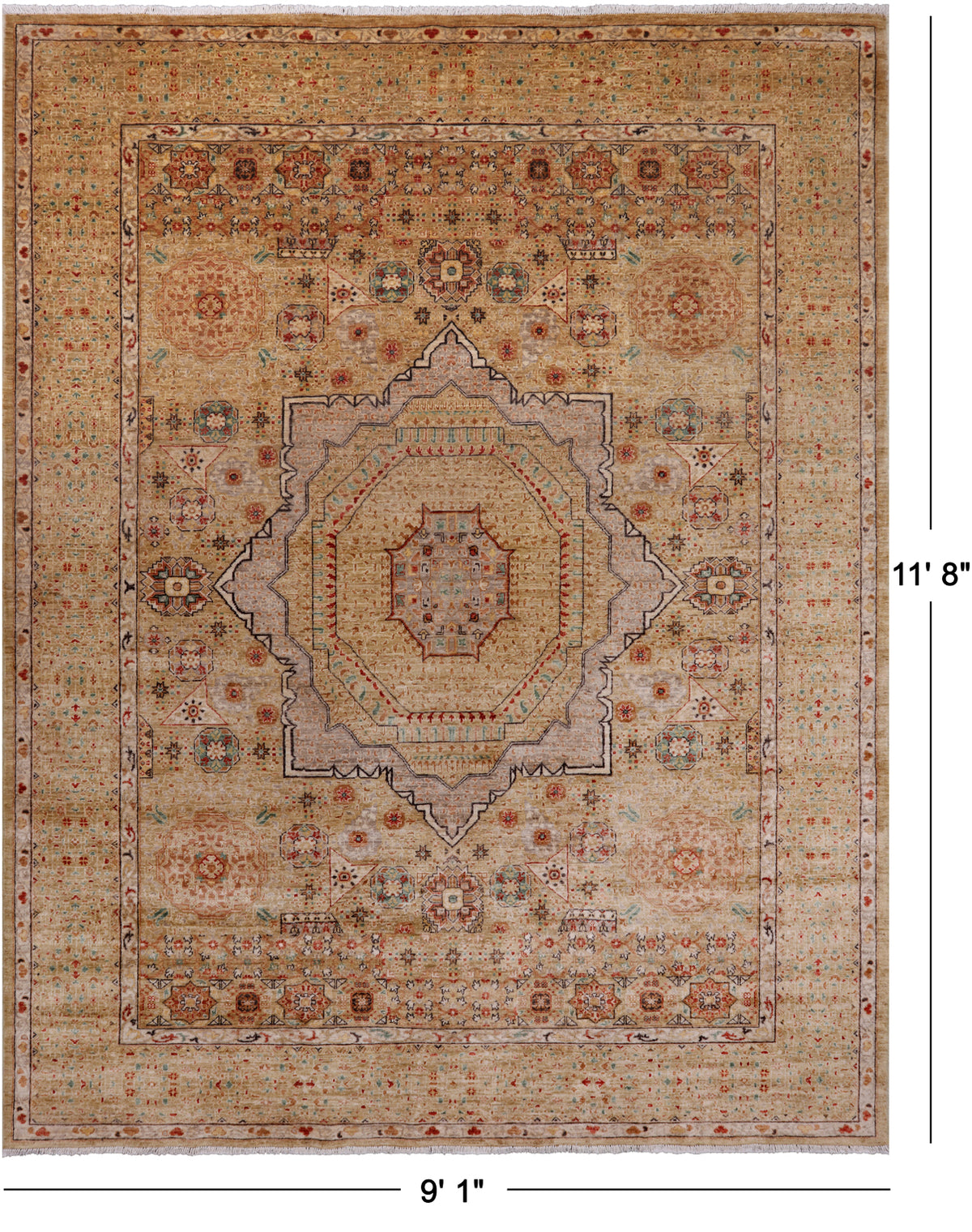 Beige Geometric Persian Mamluk Hand-Knotted Wool Rug - 9' 1" X 11' 8"