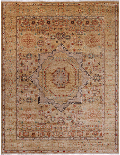 Beige Geometric Persian Mamluk Hand-Knotted Wool Rug - 9' 1" X 11' 8"