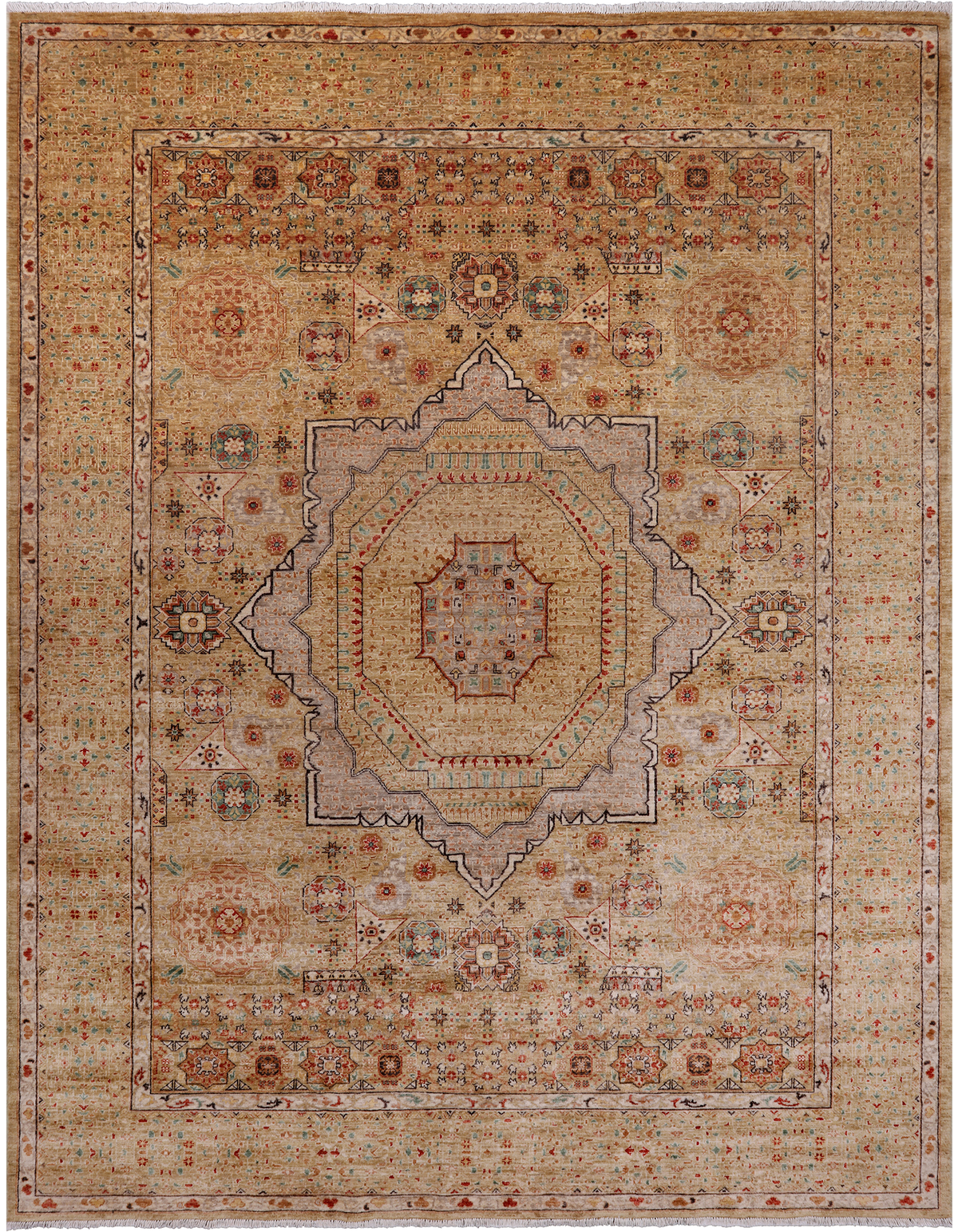 Beige Geometric Persian Mamluk Hand-Knotted Wool Rug - 9' 1" X 11' 8"
