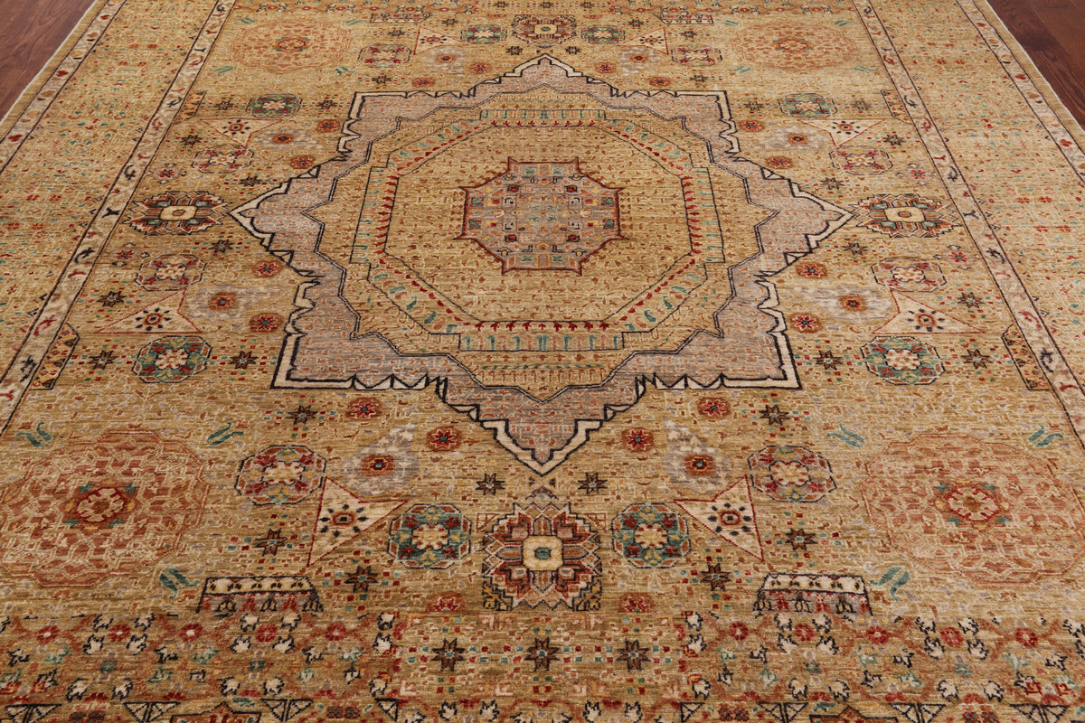 Beige Geometric Persian Mamluk Hand-Knotted Wool Rug - 9' 1" X 11' 8"