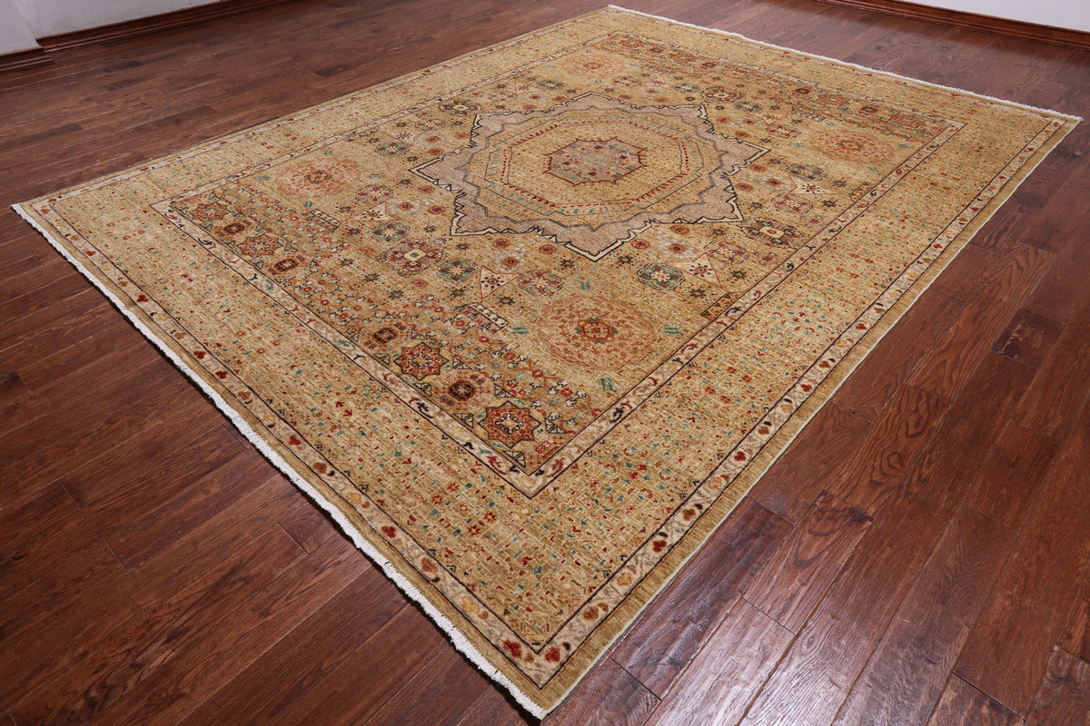 Beige Geometric Persian Mamluk Hand-Knotted Wool Rug - 9' 1" X 11' 8"