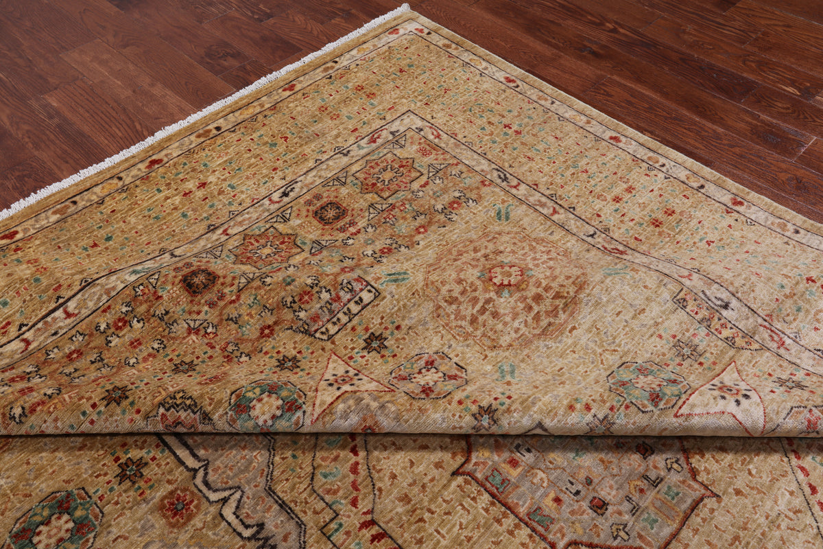 Beige Geometric Persian Mamluk Hand-Knotted Wool Rug - 9' 1" X 11' 8"