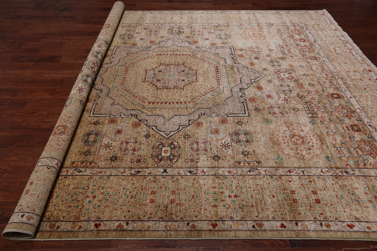 Beige Geometric Persian Mamluk Hand-Knotted Wool Rug - 9' 1" X 11' 8"