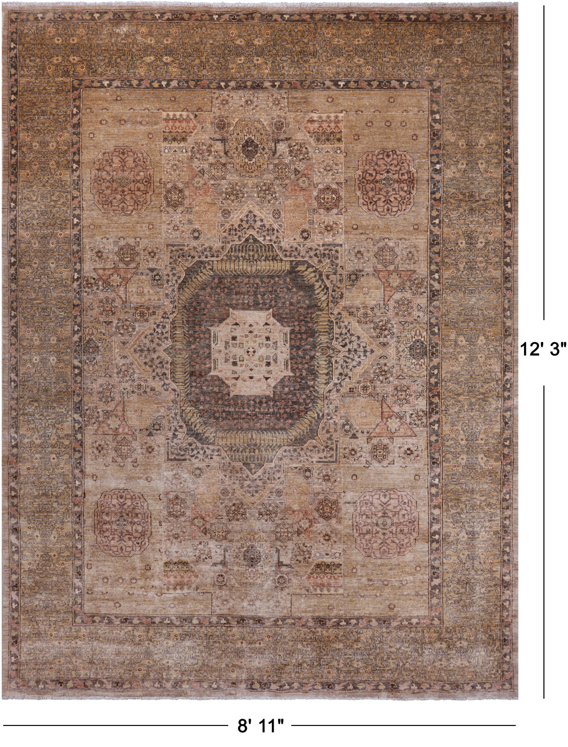 Ivory Geometric Persian Mamluk Handmade Wool Rug - 8' 11" X 12' 3"