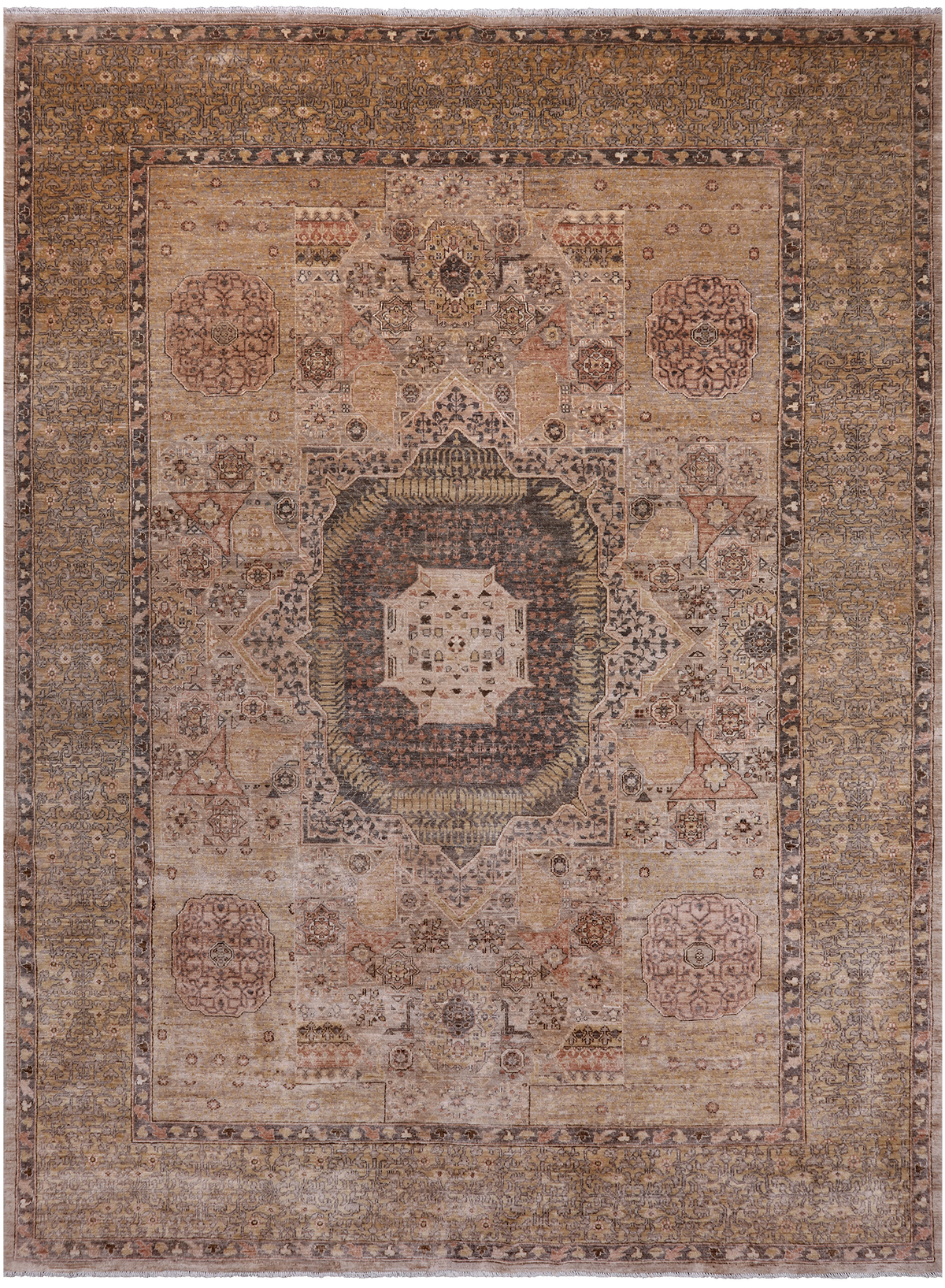 Ivory Geometric Persian Mamluk Handmade Wool Rug - 8' 11" X 12' 3"