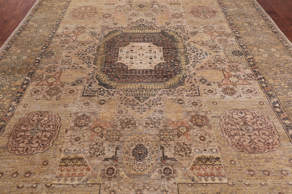 Ivory Geometric Persian Mamluk Handmade Wool Rug - 8' 11" X 12' 3"