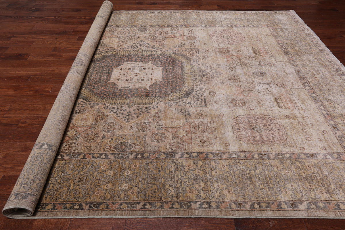 Ivory Geometric Persian Mamluk Handmade Wool Rug - 8' 11" X 12' 3"