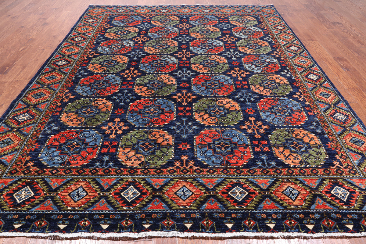 Blue Turkmen Ersari Handmade Wool Rug - 9' 3" X 11' 7"
