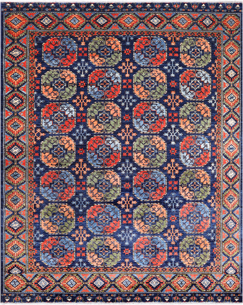 Blue Turkmen Ersari Handmade Wool Rug - 9' 3" X 11' 7"