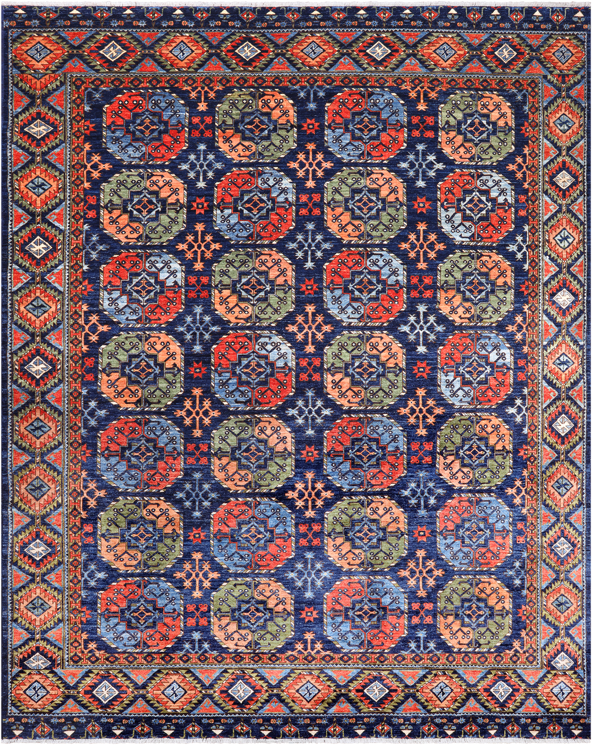 Blue Turkmen Ersari Handmade Wool Rug - 9' 3" X 11' 7"