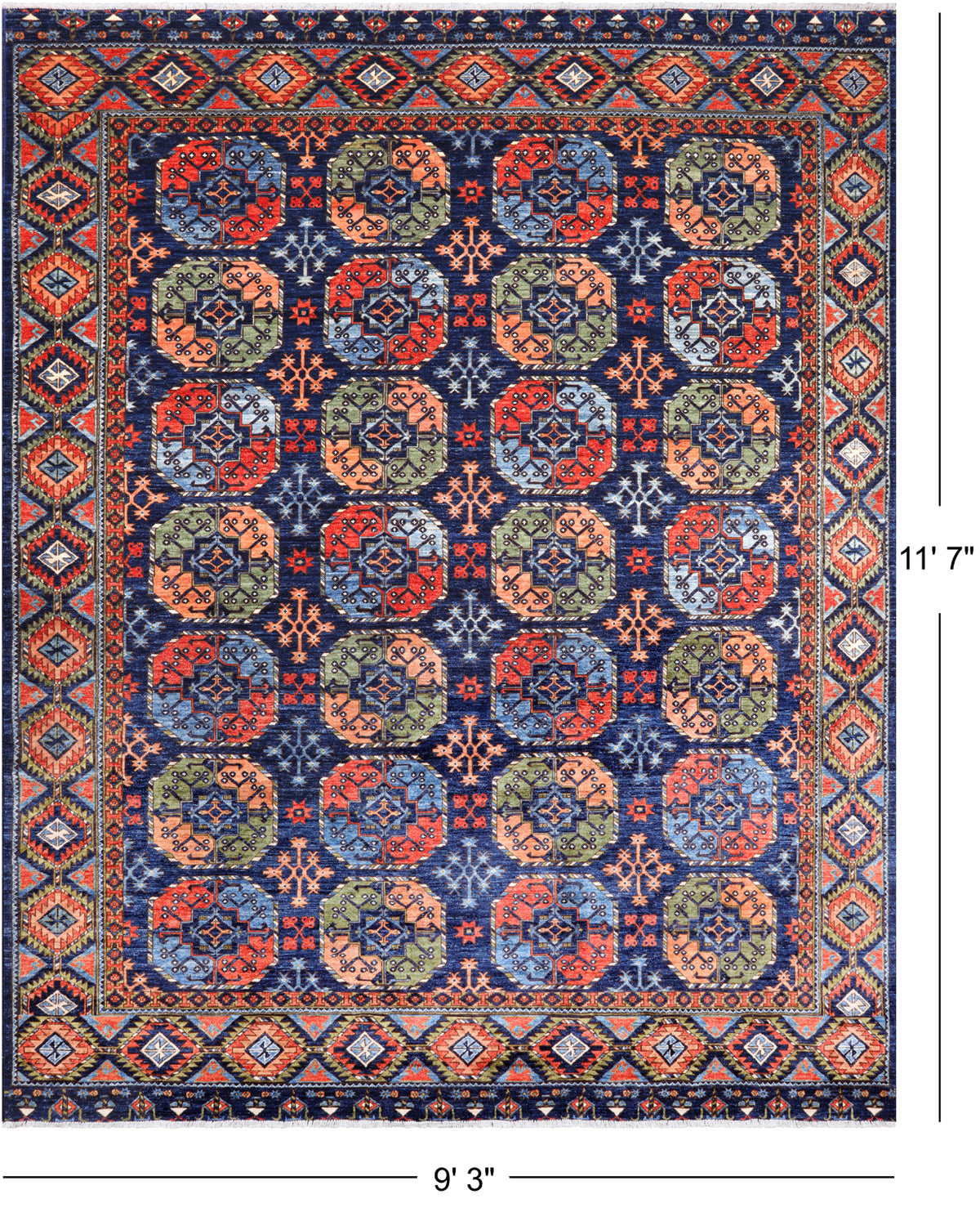 Blue Turkmen Ersari Handmade Wool Rug - 9' 3" X 11' 7"