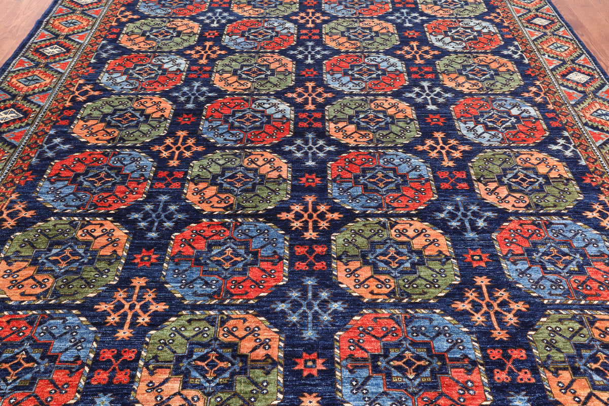 Blue Turkmen Ersari Handmade Wool Rug - 9' 3" X 11' 7"