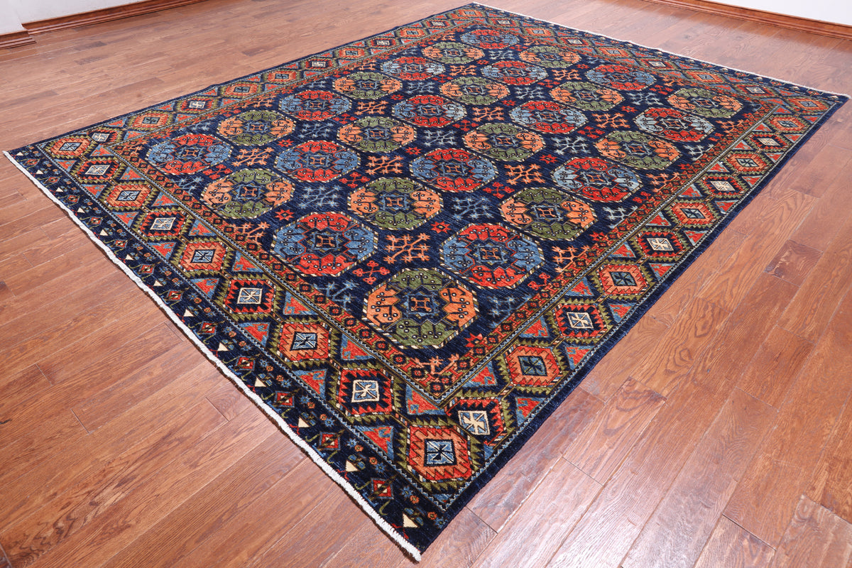 Blue Turkmen Ersari Handmade Wool Rug - 9' 3" X 11' 7"