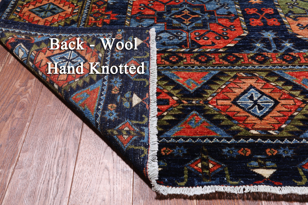 Blue Turkmen Ersari Handmade Wool Rug - 9' 3" X 11' 7"