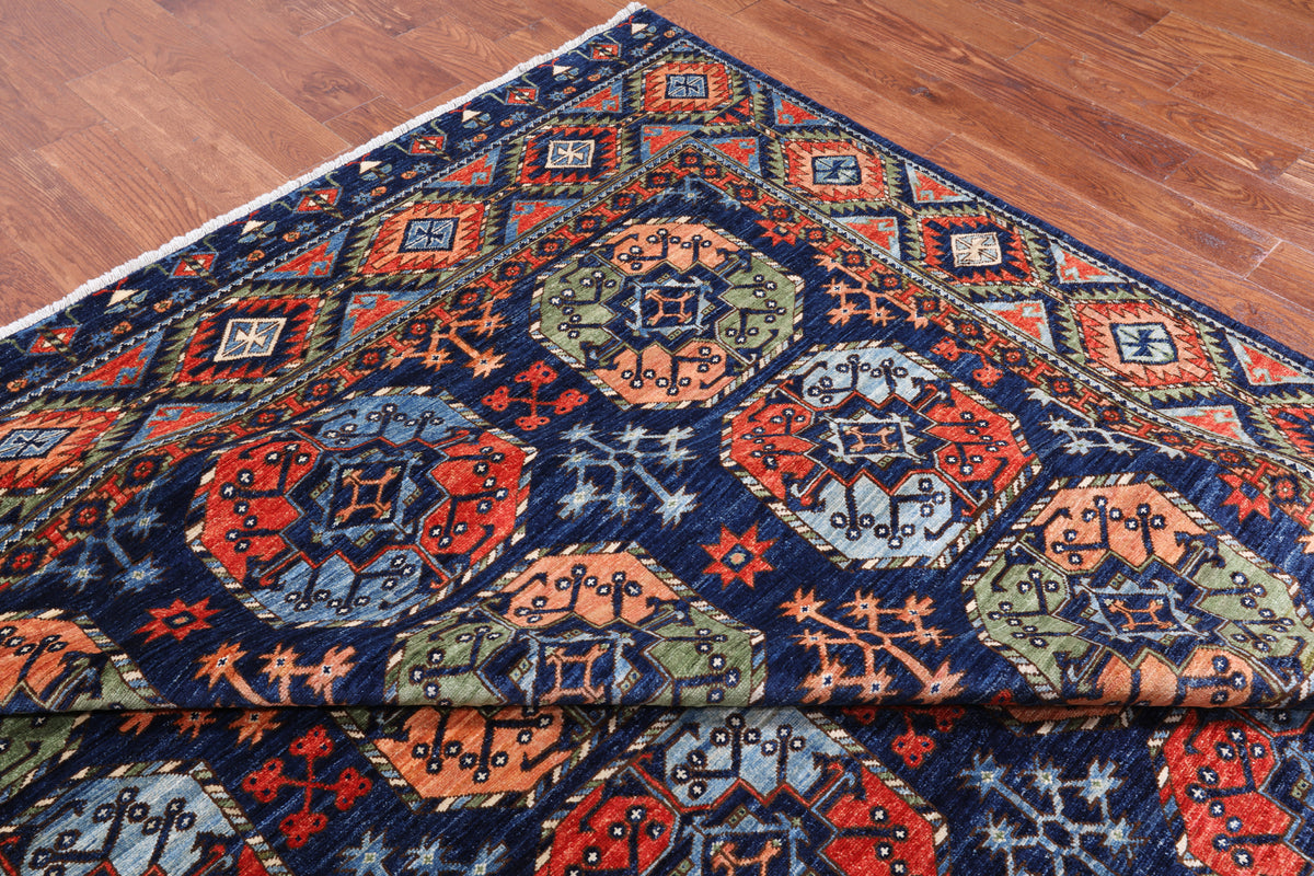 Blue Turkmen Ersari Handmade Wool Rug - 9' 3" X 11' 7"