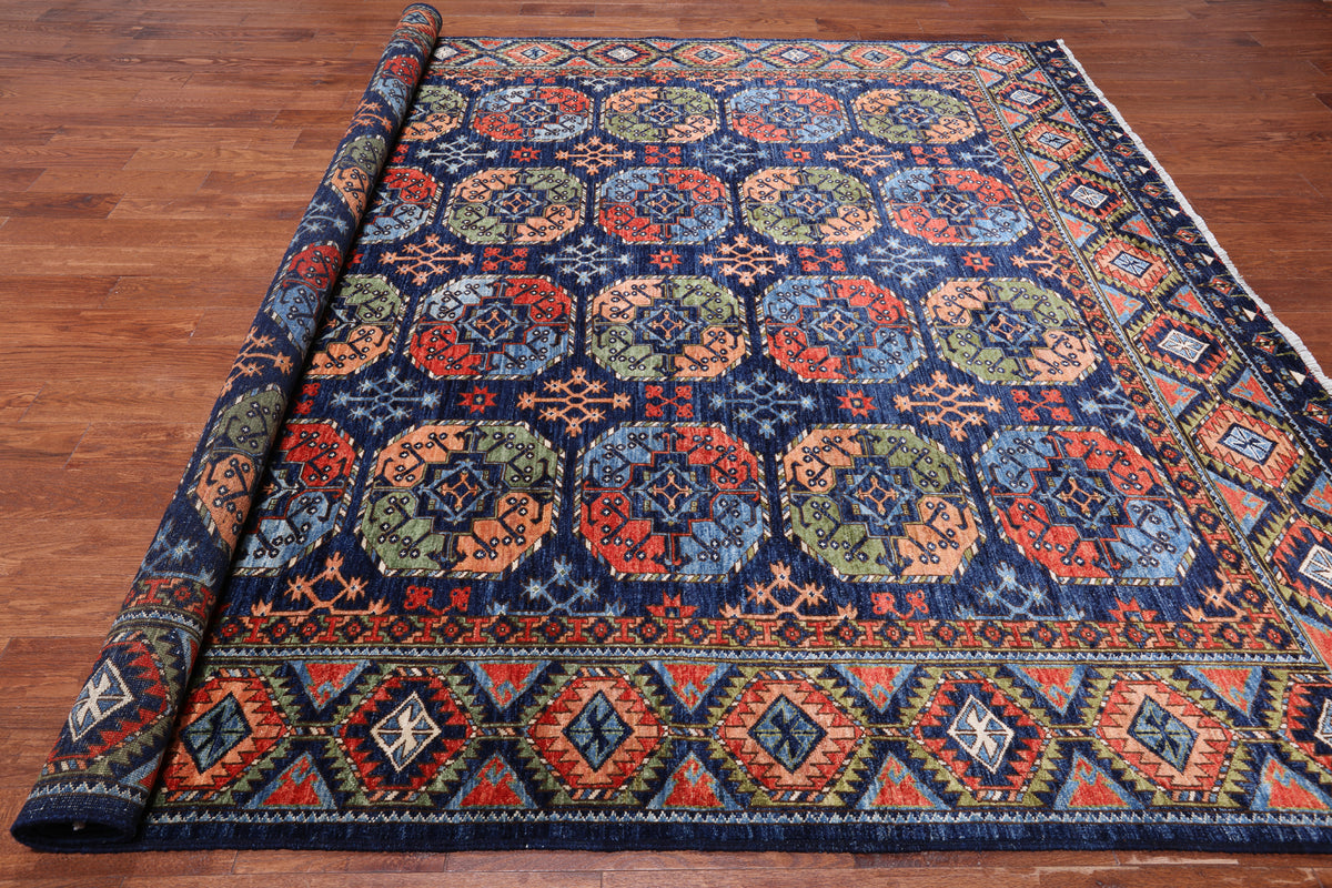 Blue Turkmen Ersari Handmade Wool Rug - 9' 3" X 11' 7"