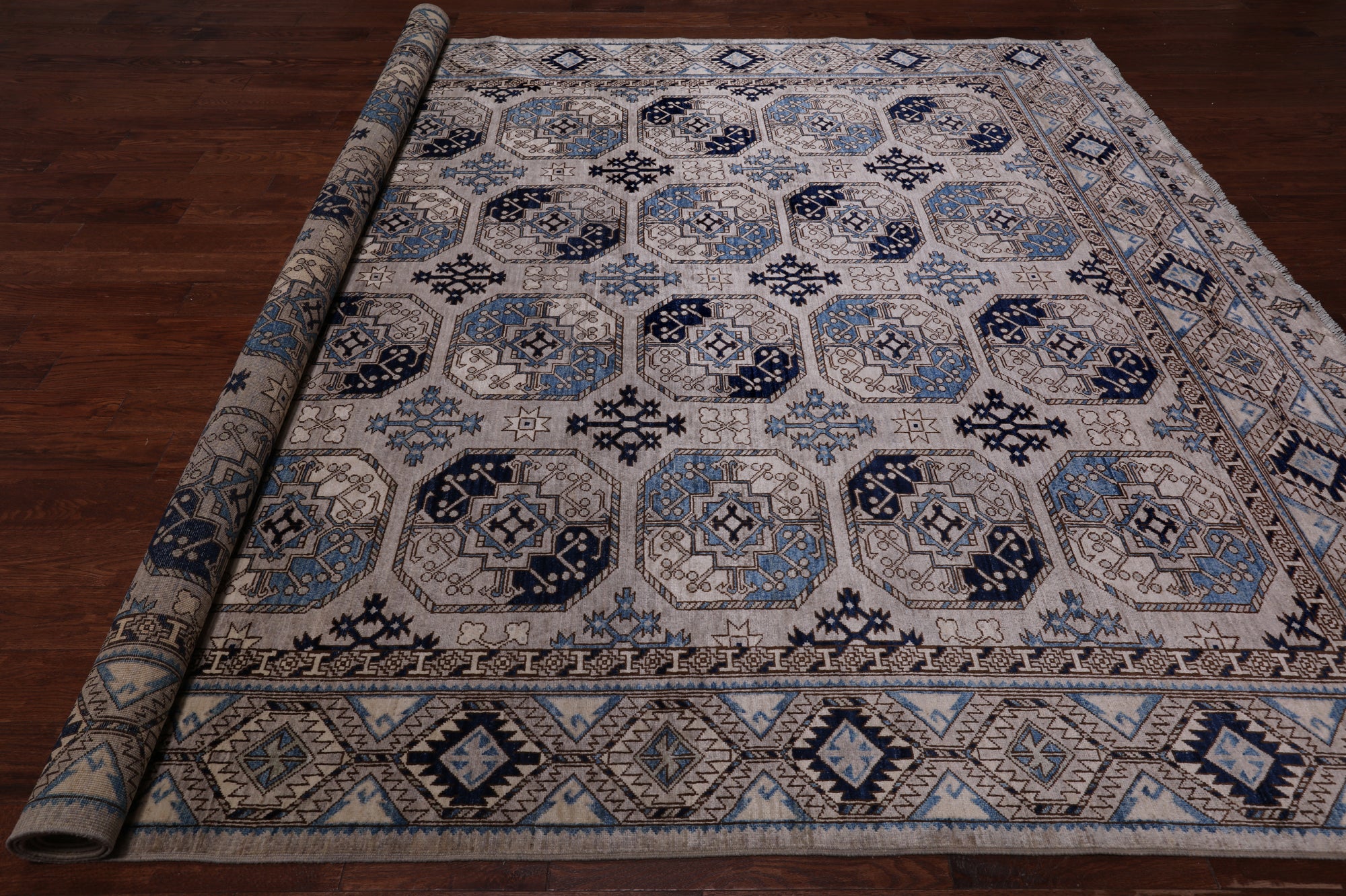 Grey Turkmen Ersari Handmade Wool Rug - 9' 1" X 11' 10"