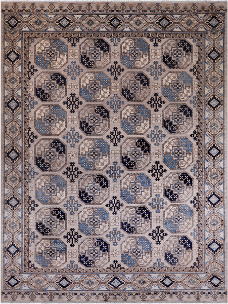 Grey Turkmen Ersari Handmade Wool Rug - 9' 1" X 11' 10"