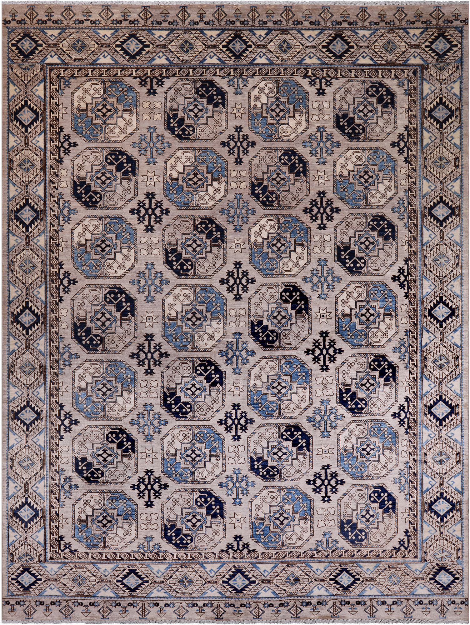 Grey Turkmen Ersari Handmade Wool Rug - 9' 1" X 11' 10"