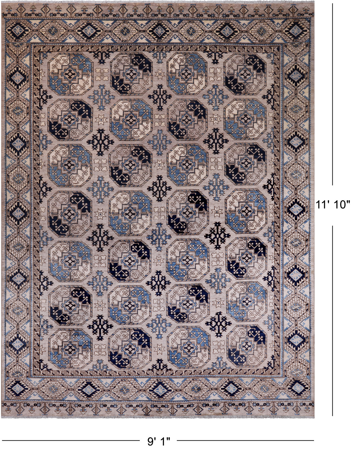 Grey Turkmen Ersari Handmade Wool Rug - 9' 1" X 11' 10"