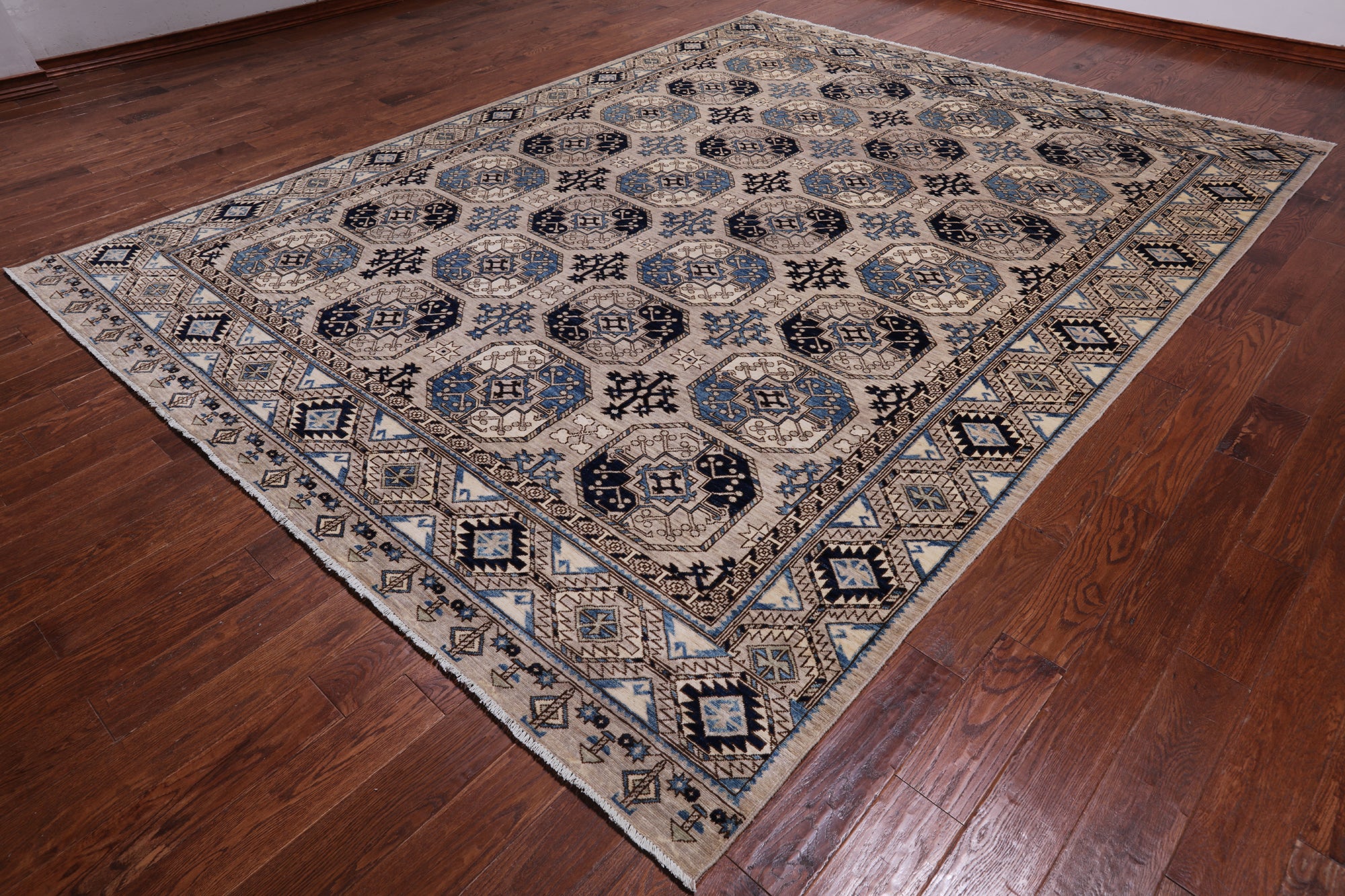 Grey Turkmen Ersari Handmade Wool Rug - 9' 1" X 11' 10"