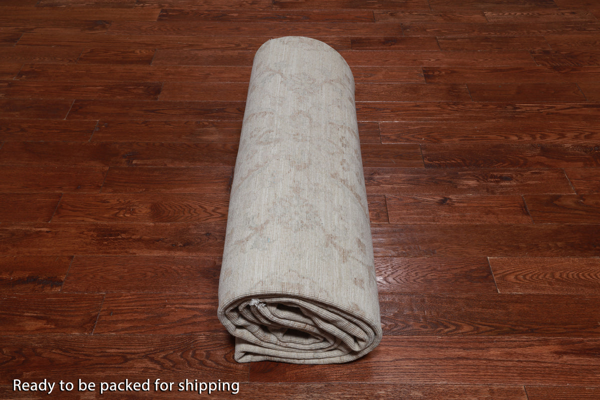 Ivory Peshawar Washed Out Hand-Knotted Wool Rug - 9' 10" X 13' 7"