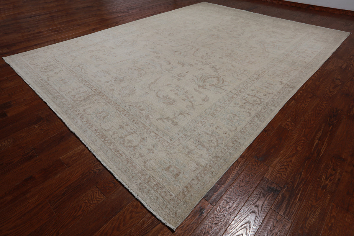 Ivory Peshawar Washed Out Hand-Knotted Wool Rug - 9' 10" X 13' 7"