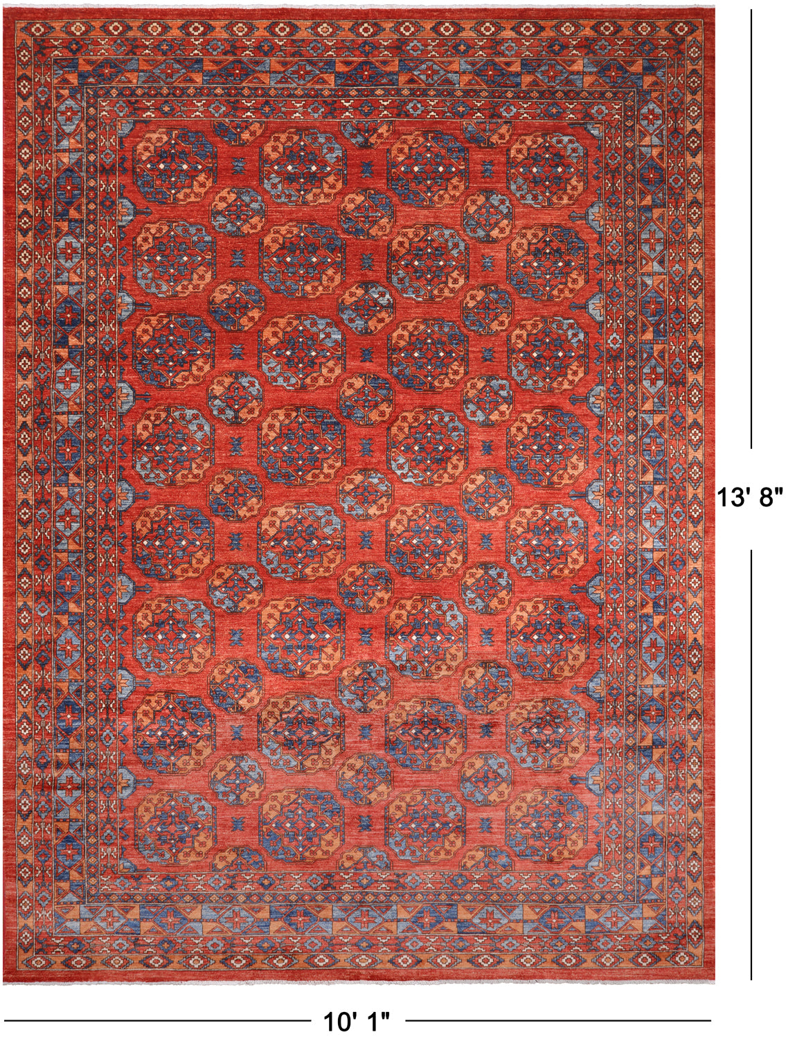 Rust Turkmen Ersari Handmade Wool Rug - 10' 1" X 13' 8"