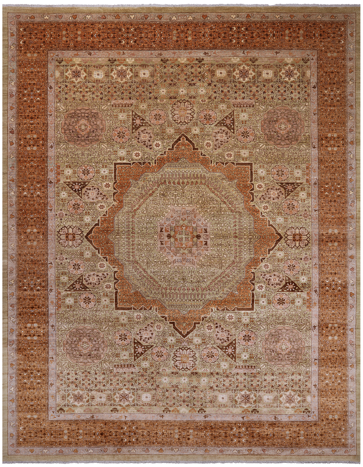 Green Geometric Persian Mamluk Hand-Knotted Wool Rug - 12' 2" X 15' 6"