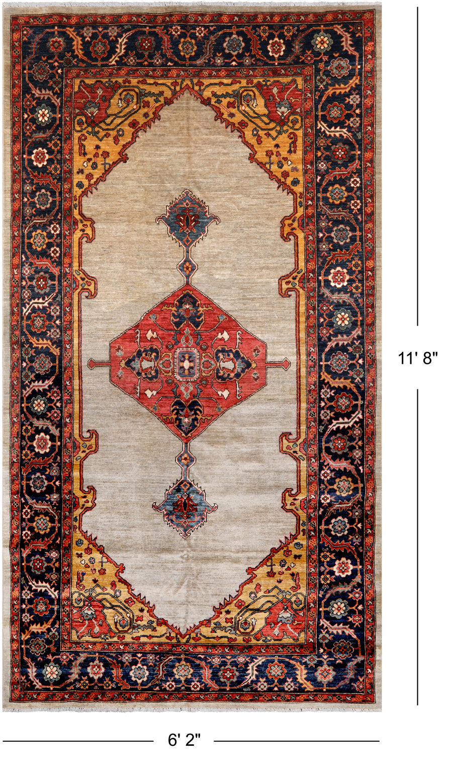 Ivory Persian Fine Serapi Hand Knotted Wool Rug - 6' 2" X 11' 8"