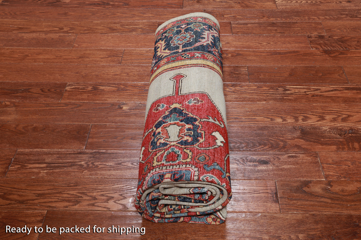 Ivory Persian Fine Serapi Hand Knotted Wool Rug - 6' 2" X 11' 8"