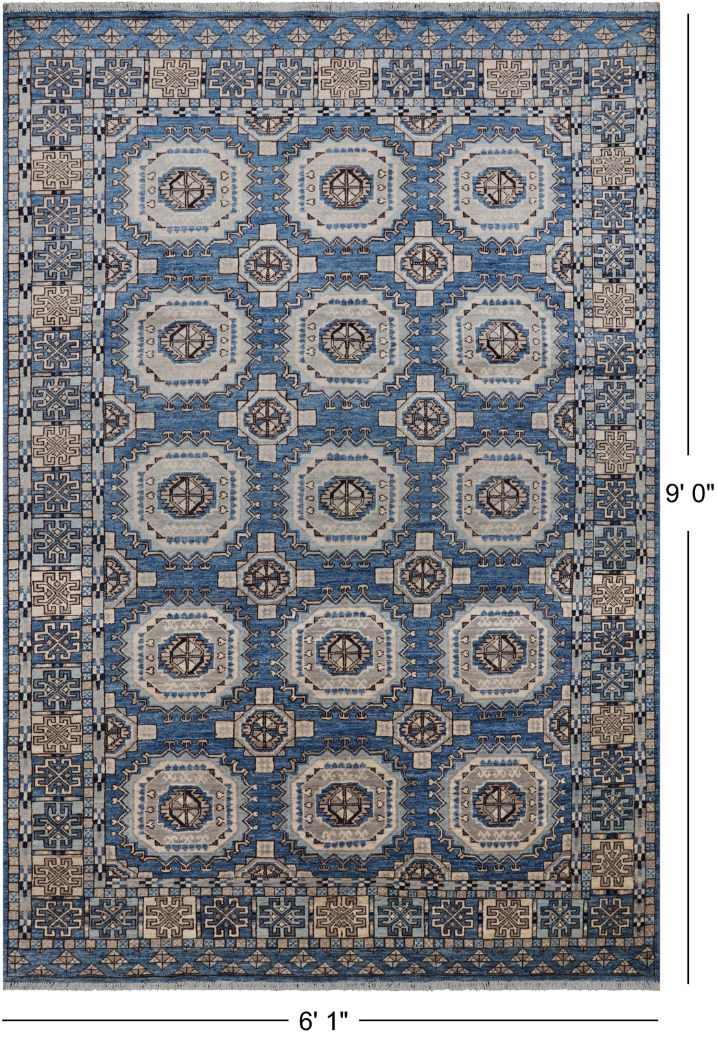 Blue Turkmen Ersari Handmade Wool Rug - 6' 1" X 9' 0"