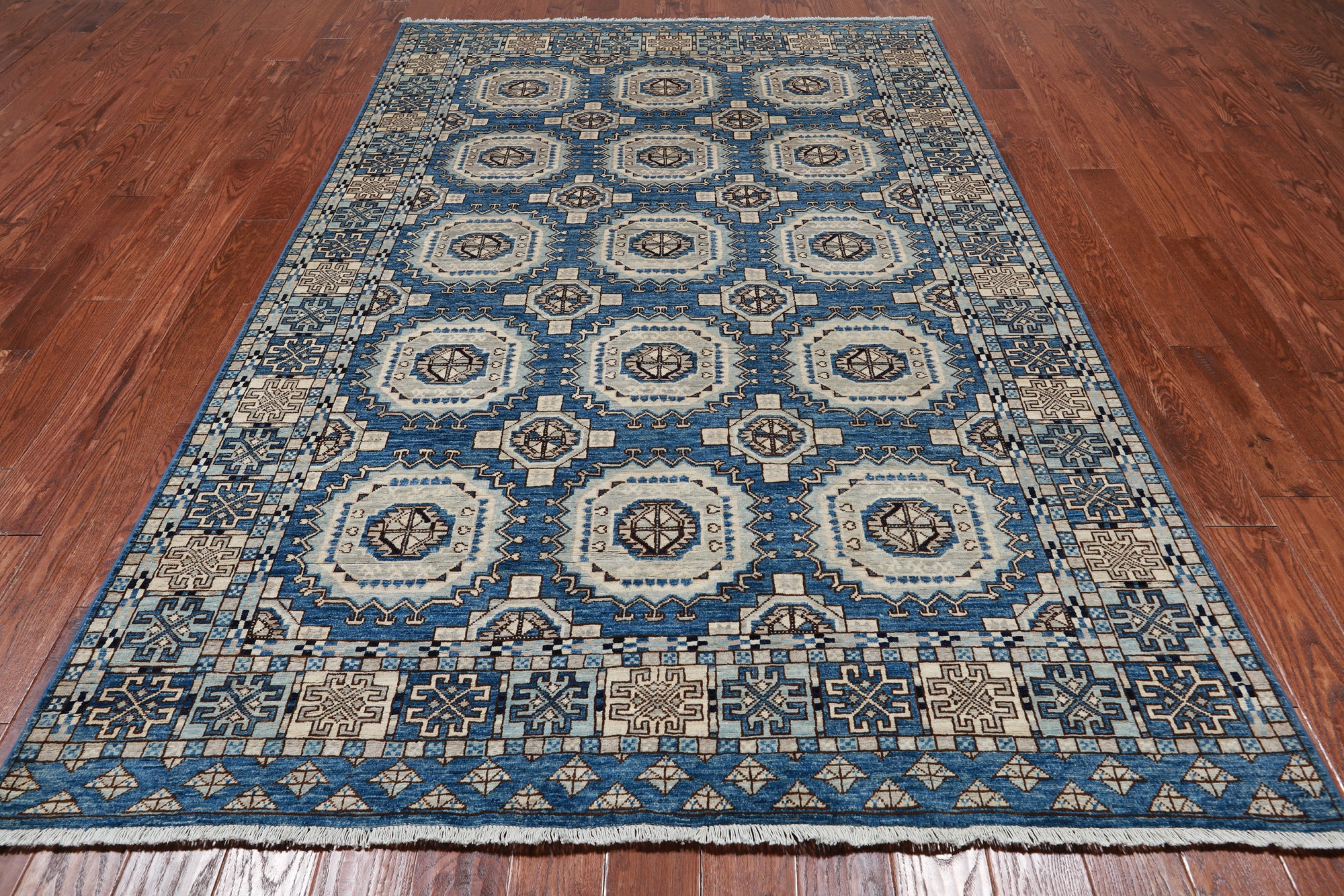 Blue Turkmen Ersari Handmade Wool Rug - 6' 1" X 9' 0"