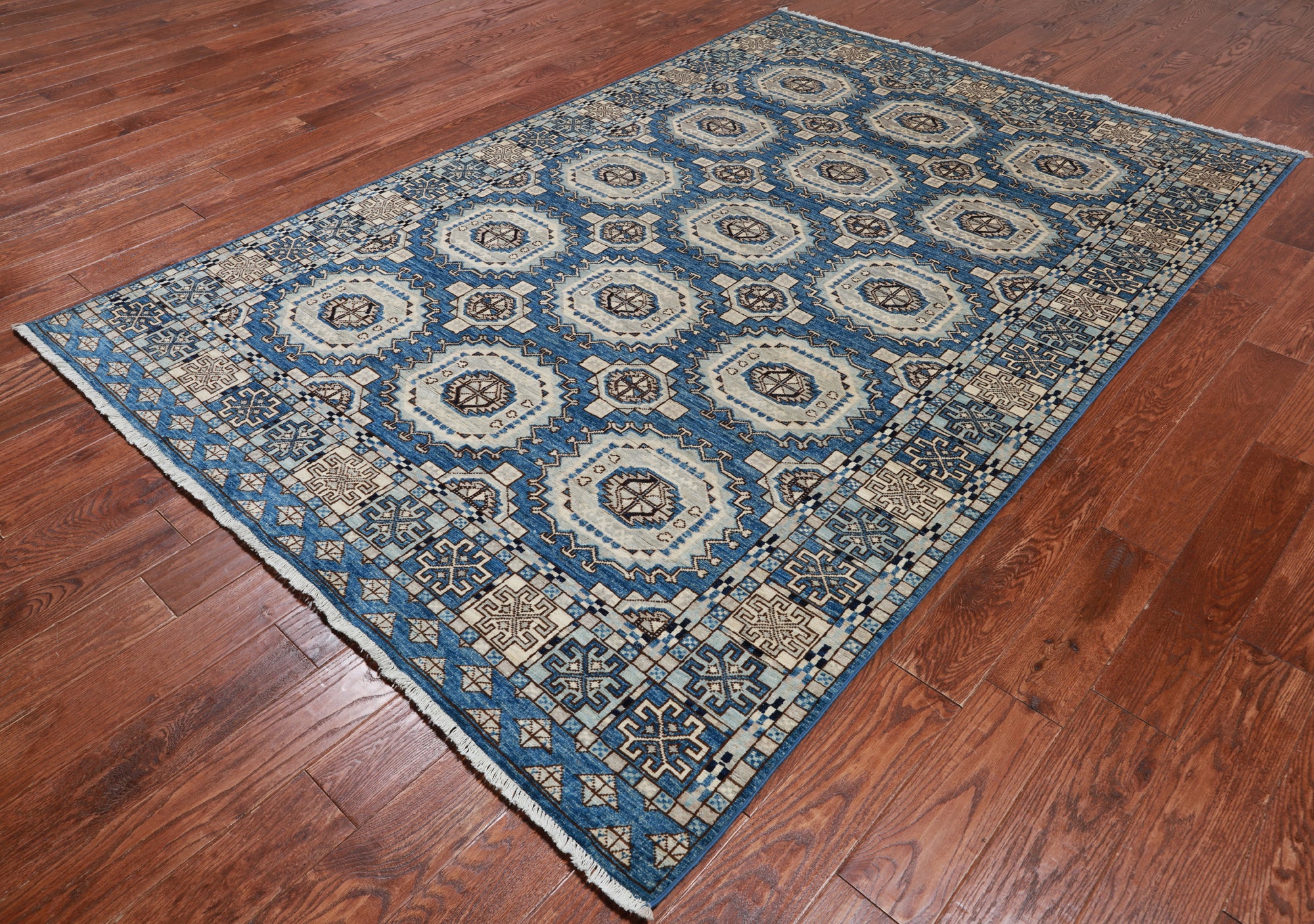 Blue Turkmen Ersari Handmade Wool Rug - 6' 1" X 9' 0"