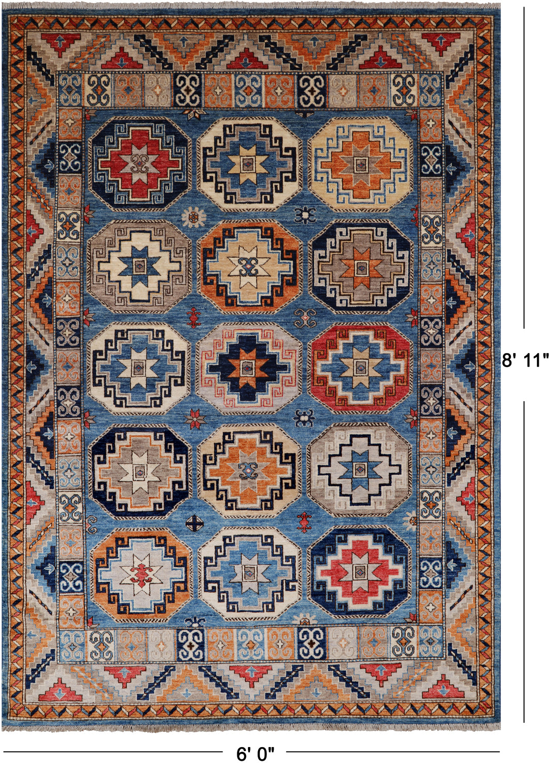 Blue Turkmen Ersari Handmade Wool Rug - 6' 0" X 8' 11"