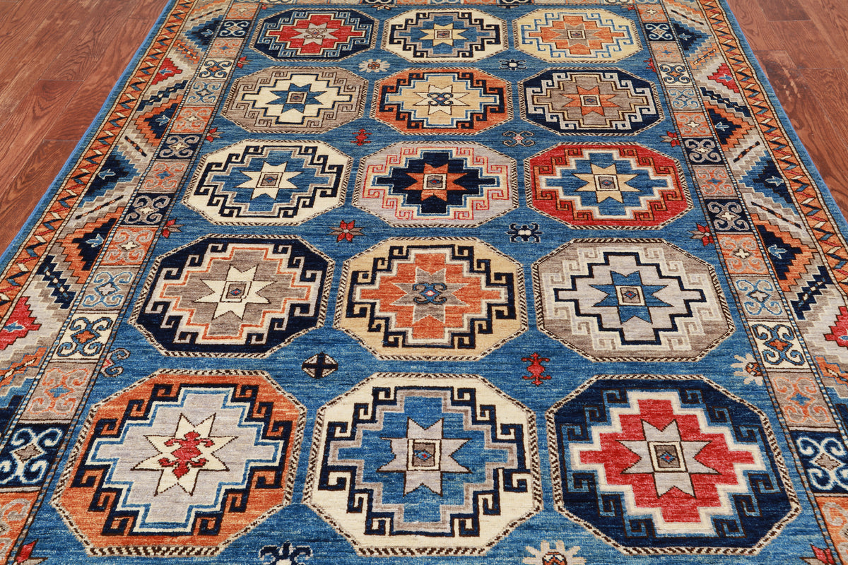 Blue Turkmen Ersari Handmade Wool Rug - 6' 0" X 8' 11"