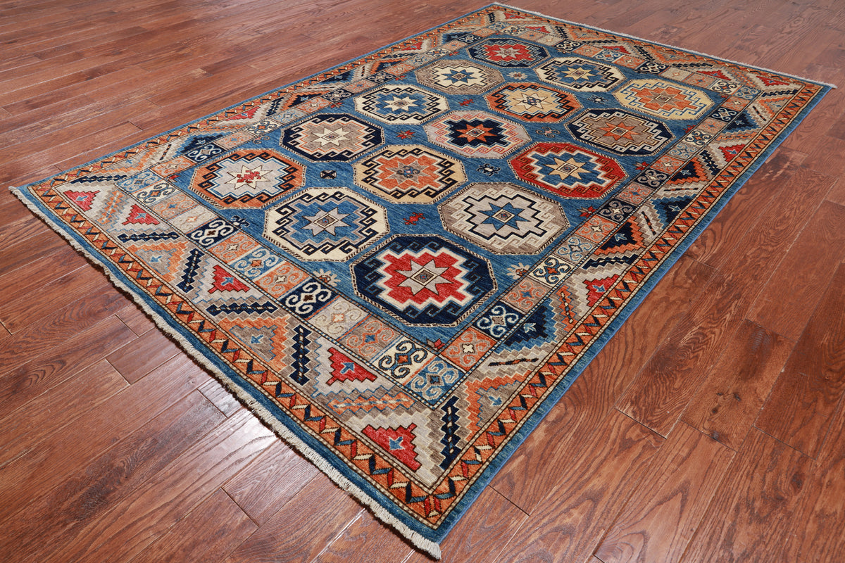 Blue Turkmen Ersari Handmade Wool Rug - 6' 0" X 8' 11"