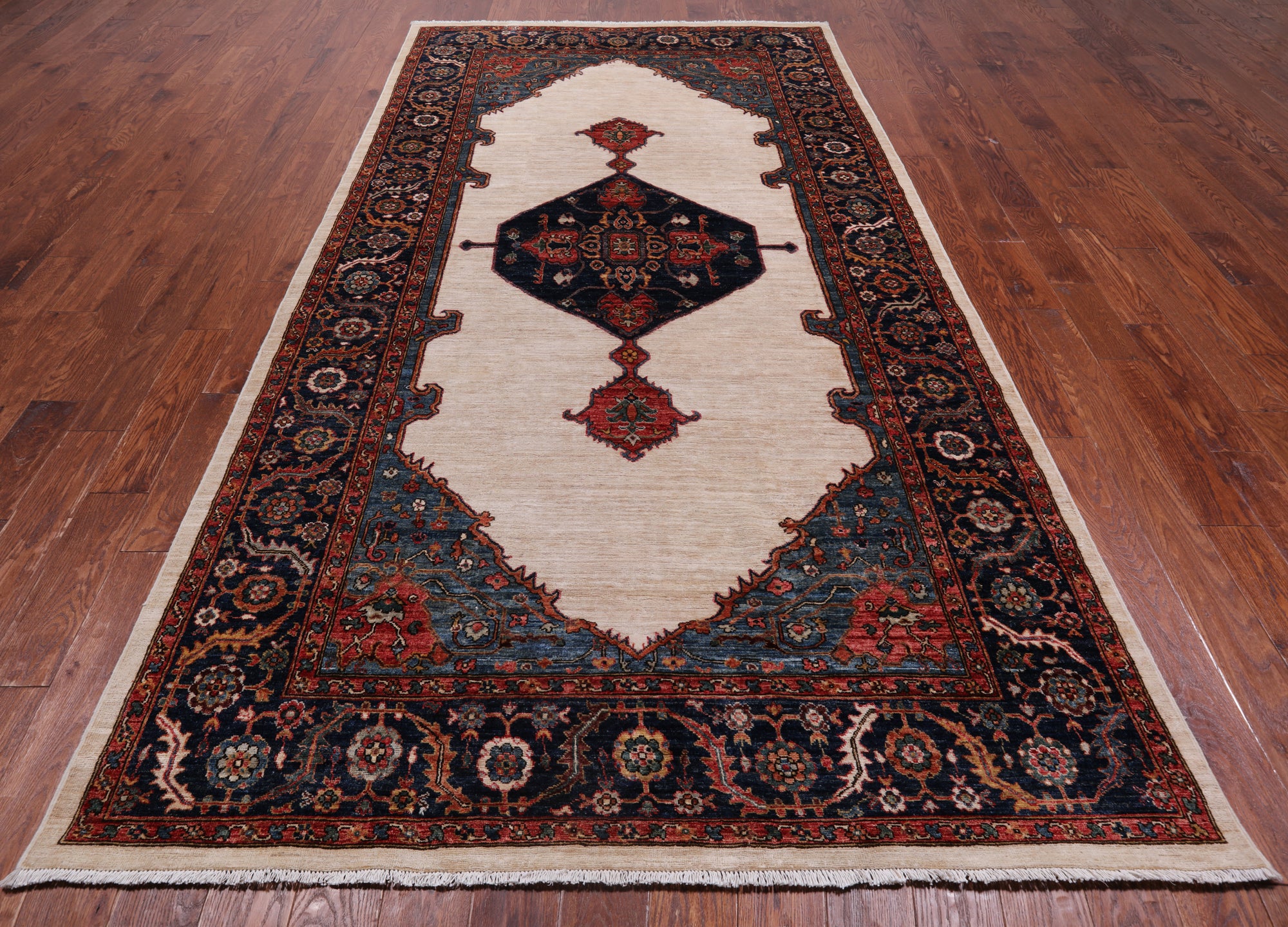 Ivory Persian Fine Serapi Hand Knotted Wool Rug - 6' 0" X 11' 4"