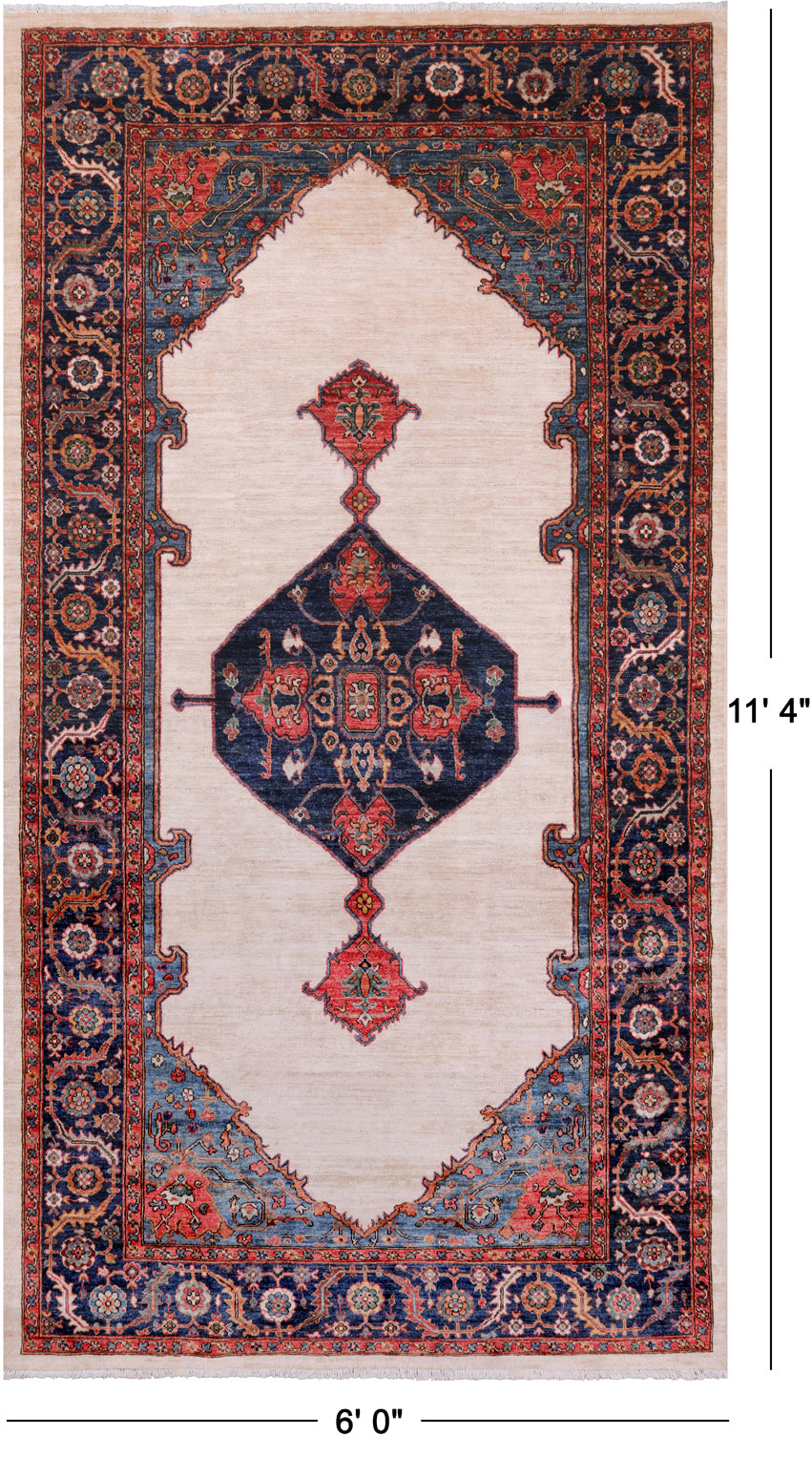Ivory Persian Fine Serapi Hand Knotted Wool Rug - 6' 0" X 11' 4"
