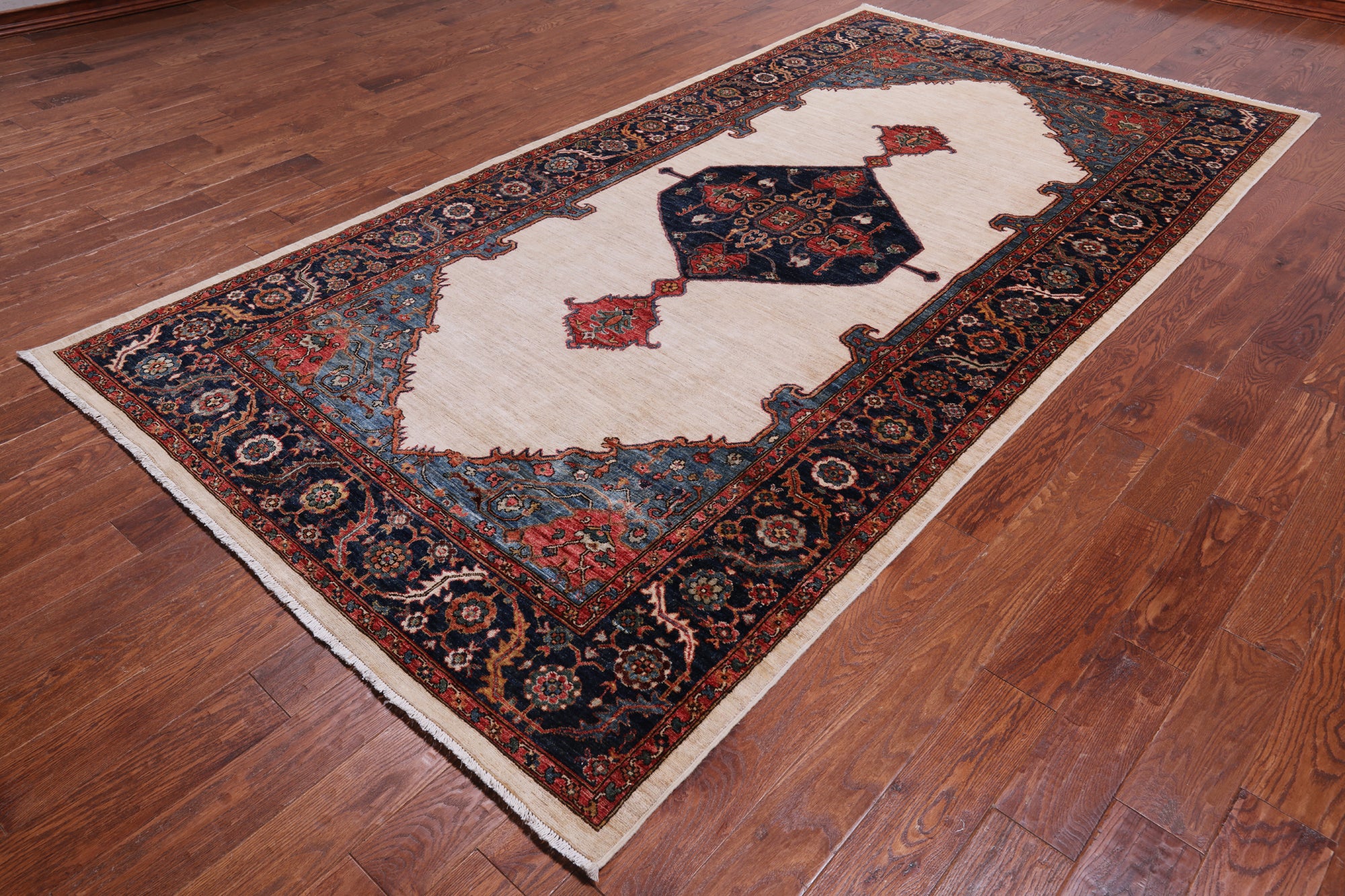 Ivory Persian Fine Serapi Hand Knotted Wool Rug - 6' 0" X 11' 4"