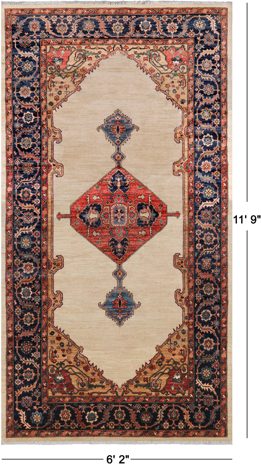 Ivory Persian Fine Serapi Handmade Wool Rug - 6' 2" X 11' 9"