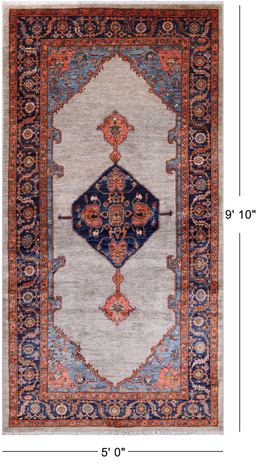 Silver Persian Fine Serapi Hand Knotted Wool Rug - 5' 0" X 9' 10"